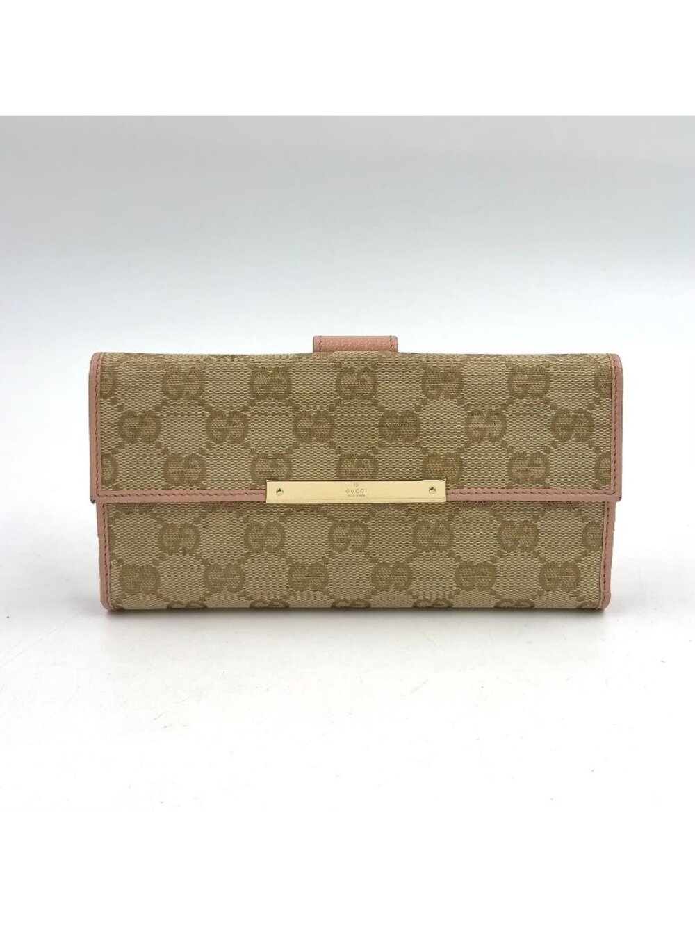 Gucci GG Canvas Snap Leather Beige Light Pink Wallet Gold